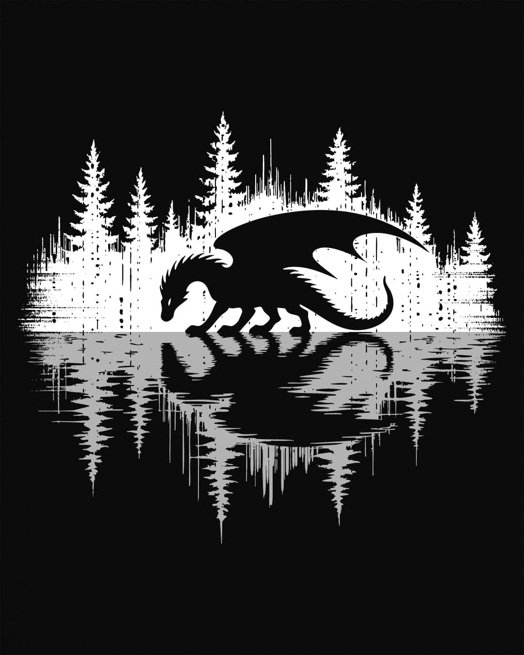 Nature's Mirror shirt in black featuring a dragon at a forest lake with a striking mirrored reflection design.