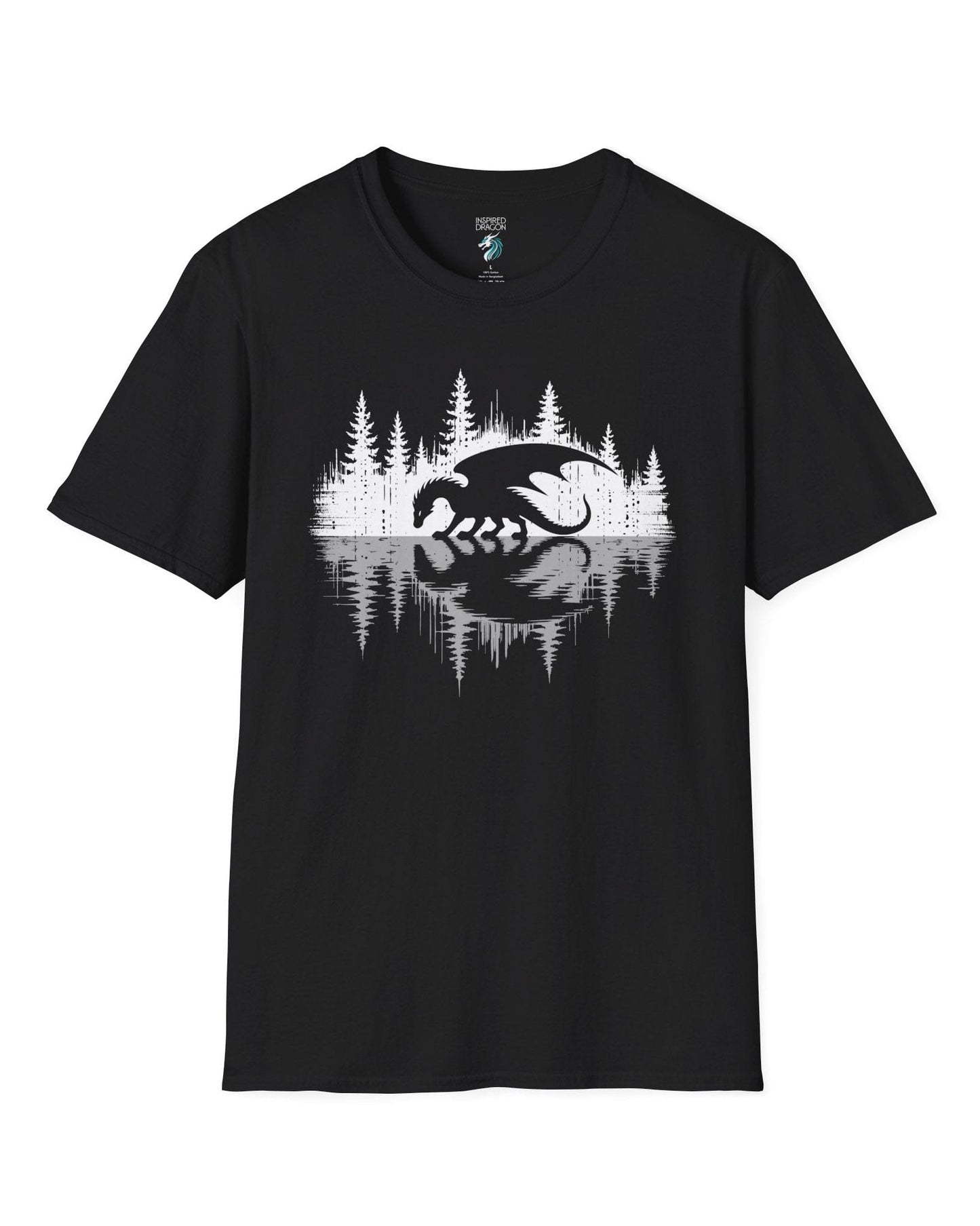 Nature's Mirror shirt in black featuring a dragon at a forest lake with a striking mirrored reflection design.