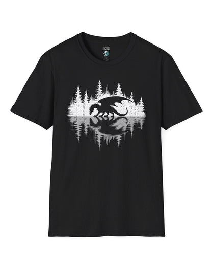 Nature's Mirror shirt in black featuring a dragon at a forest lake with a striking mirrored reflection design.