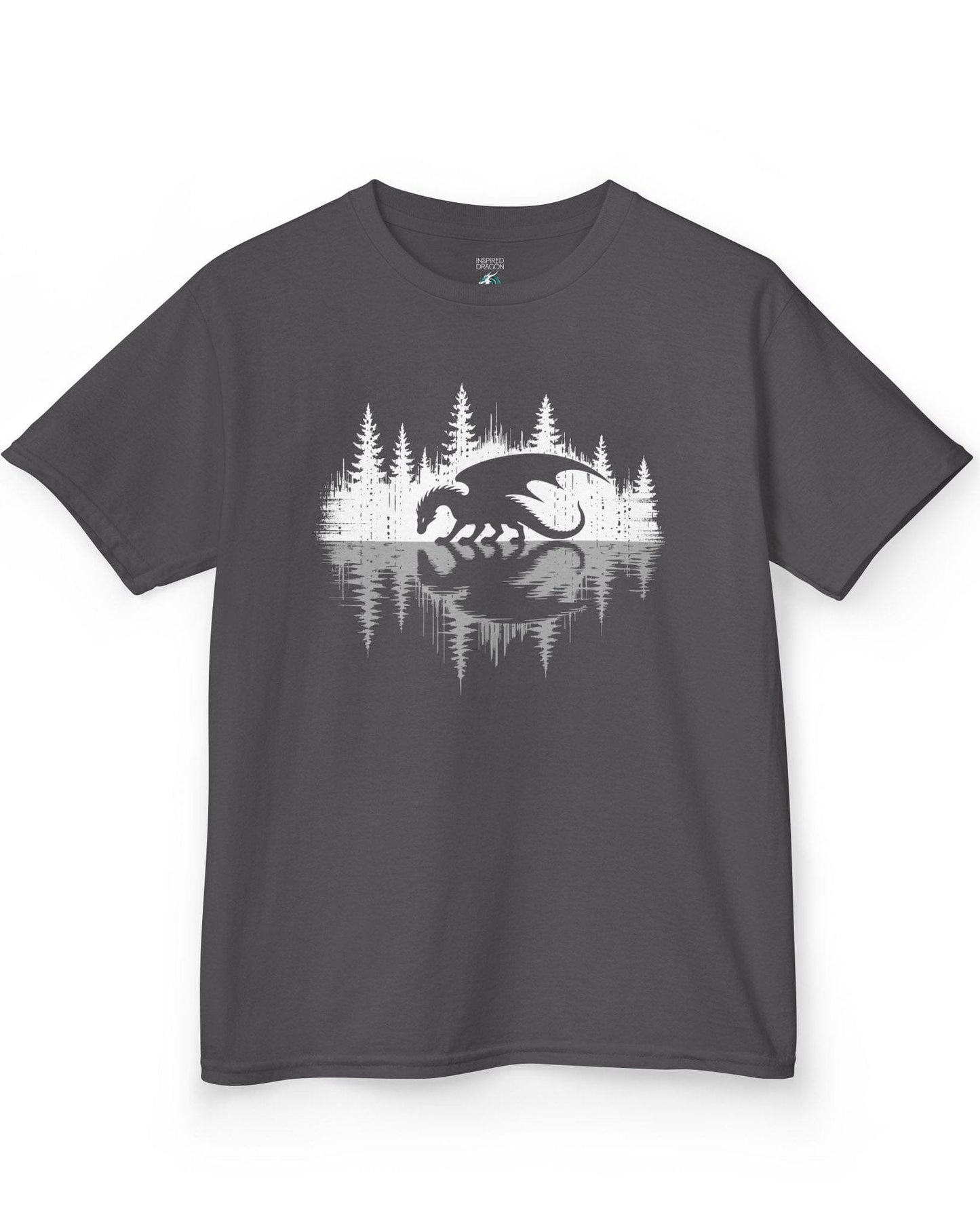 Nature's Mirror shirt in charcoal featuring a dragon at a forest lake with a striking mirrored reflection design.