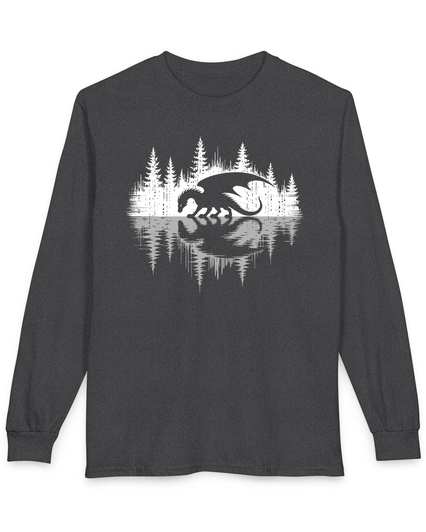 Nature's Mirror shirt in dark heather grey featuring a dragon at a forest lake with a striking mirrored reflection design.