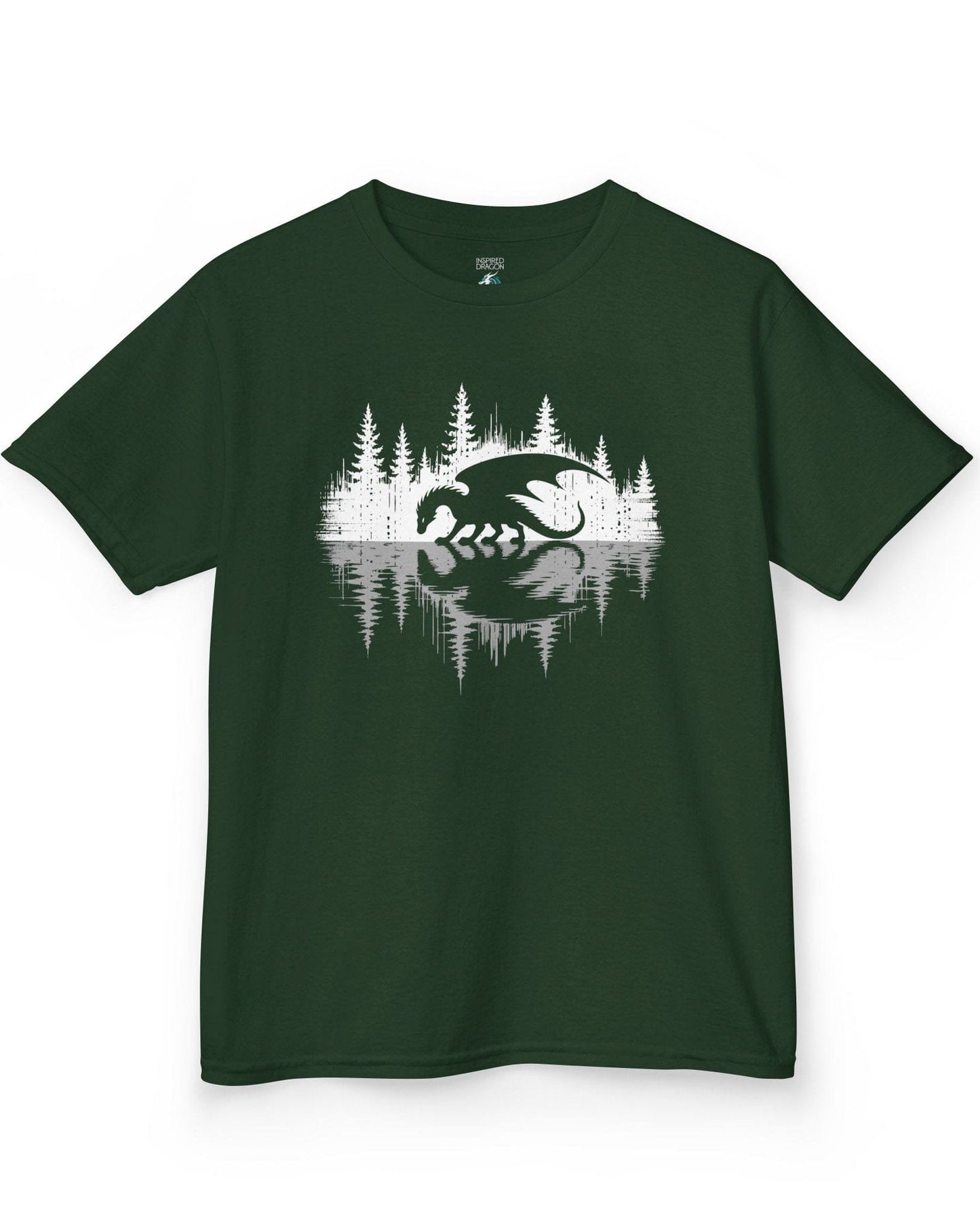 Nature's Mirror shirt in forest green featuring a dragon at a forest lake with a striking mirrored reflection design.