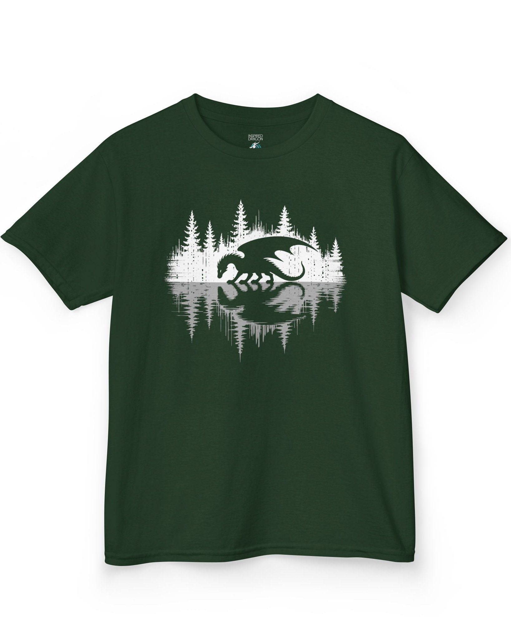 Nature's Mirror shirt in forest green featuring a dragon at a forest lake with a striking mirrored reflection design.