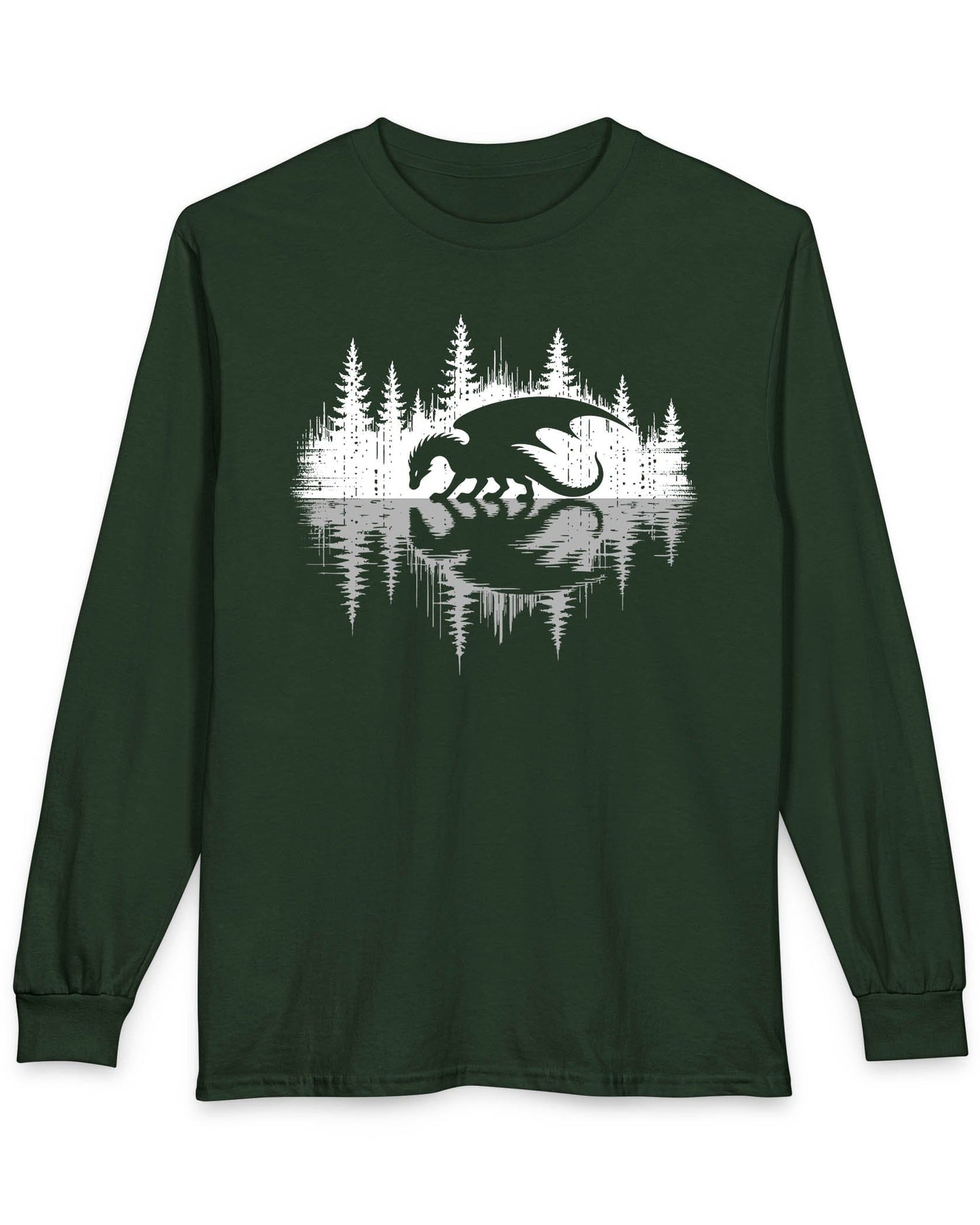 Nature's Mirror shirt in forest green featuring a dragon at a forest lake with a striking mirrored reflection design.