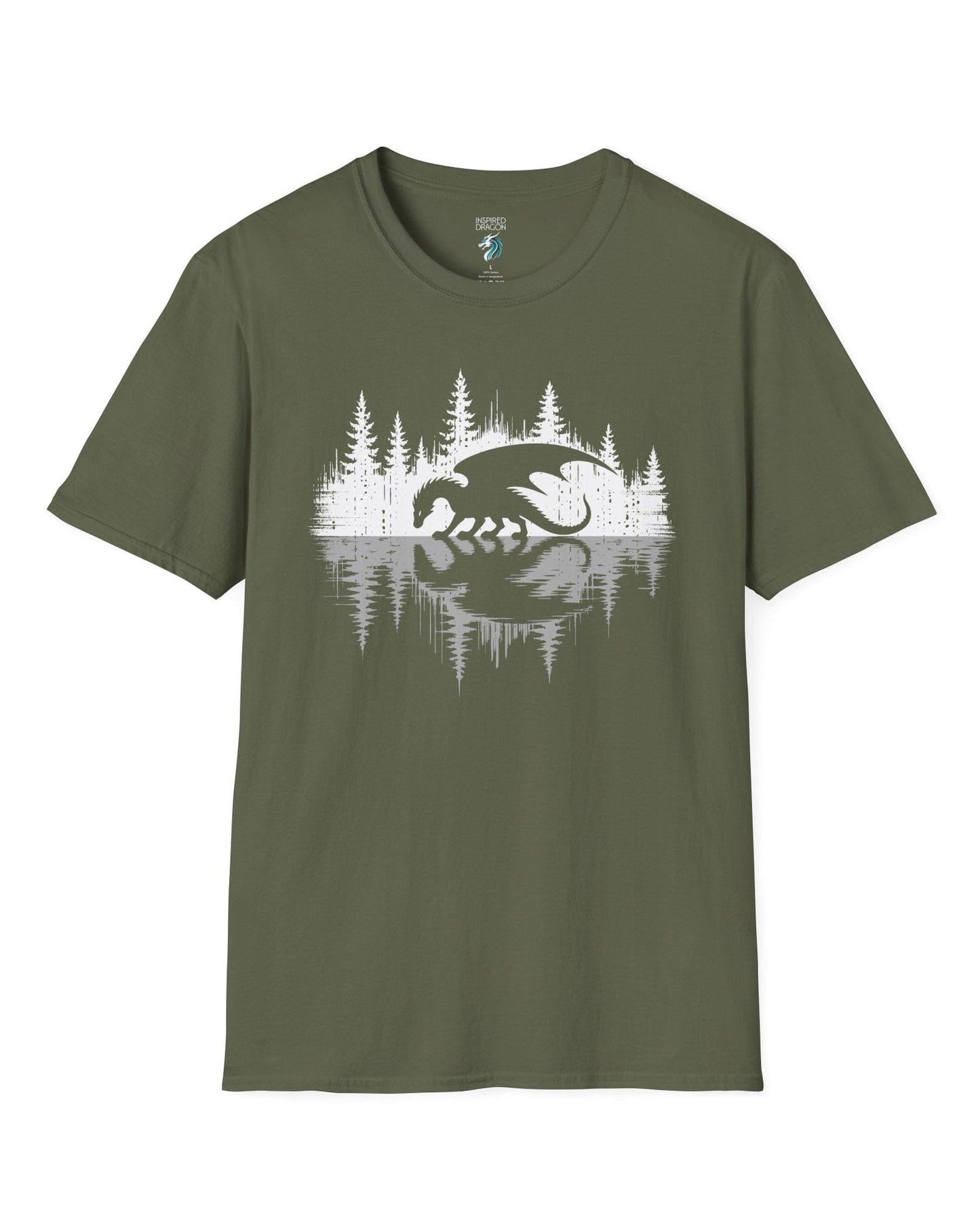 Nature's Mirror shirt in military green featuring a dragon at a forest lake with a striking mirrored reflection design.