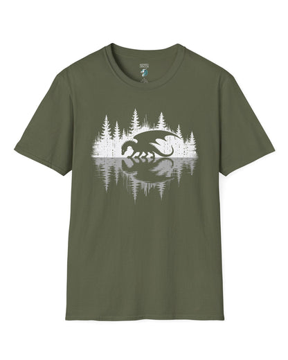 Nature's Mirror shirt in military green featuring a dragon at a forest lake with a striking mirrored reflection design.