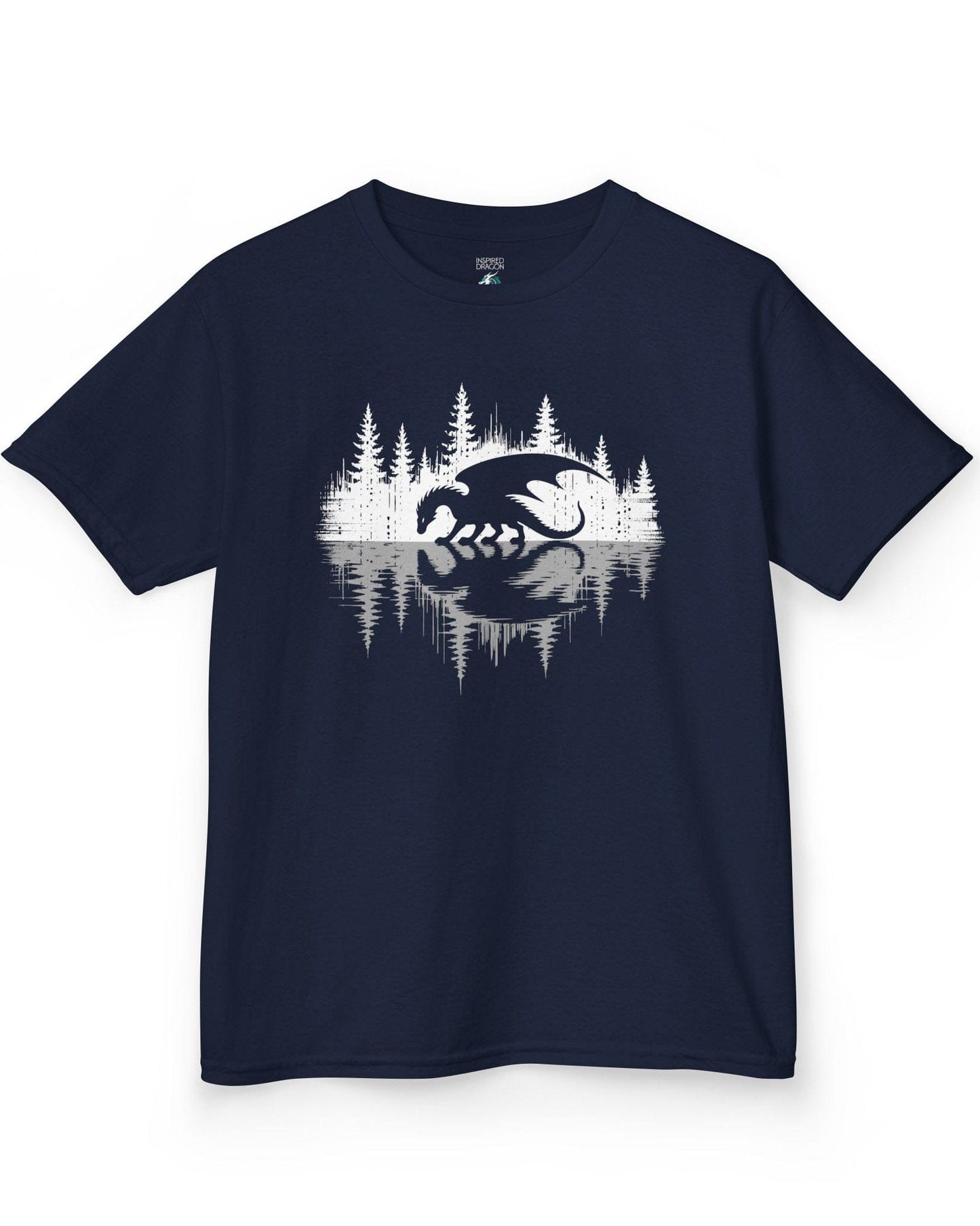 Nature's Mirror shirt in navy featuring a dragon at a forest lake with a striking mirrored reflection design.