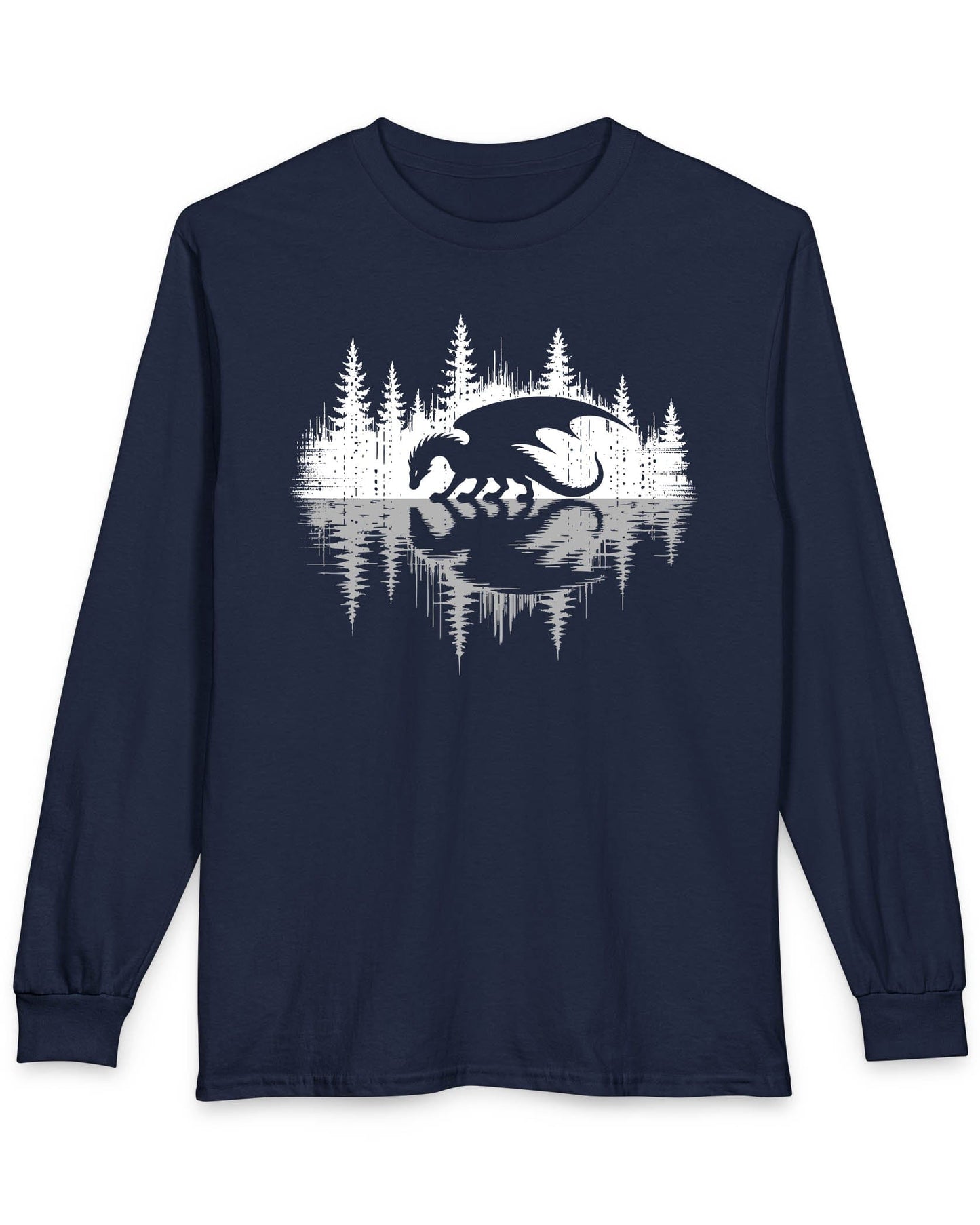 Nature's Mirror shirt in navy featuring a dragon at a forest lake with a striking mirrored reflection design.