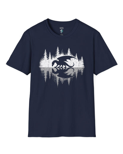 Nature's Mirror shirt in navy featuring a dragon at a forest lake with a striking mirrored reflection design.
