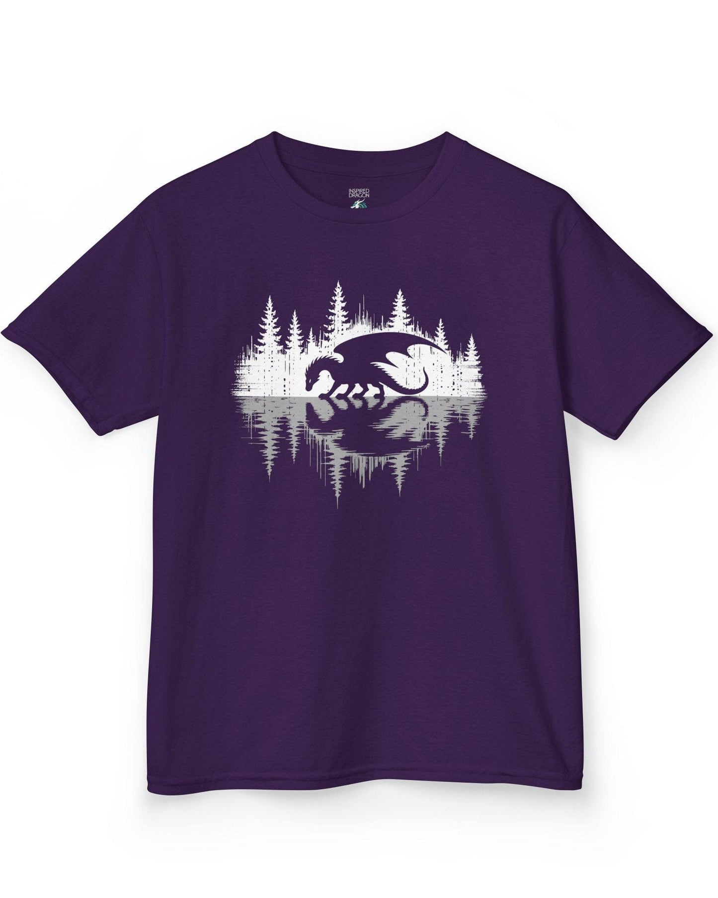 Nature's Mirror shirt in purple featuring a dragon at a forest lake with a striking mirrored reflection design.