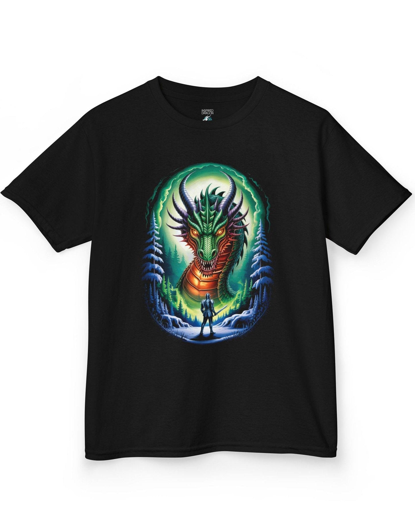 In the Dragon's Gaze shirt in black featuring a knight facing a huge dragon with glowing eyes in a winter forest.