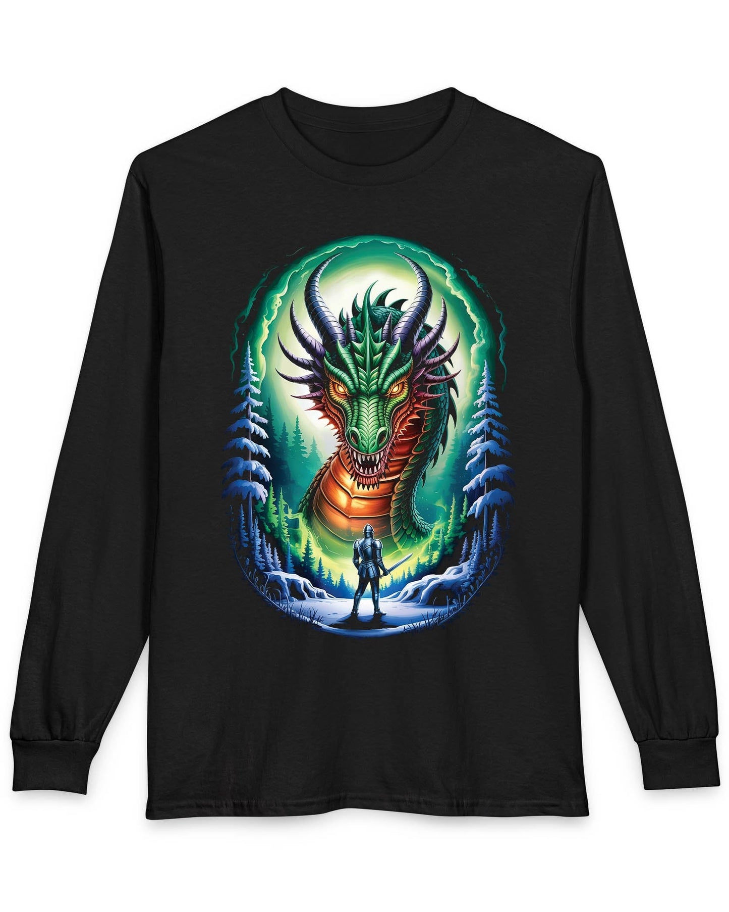 In the Dragon's Gaze shirt in black featuring a knight facing a huge dragon with glowing eyes in a winter forest