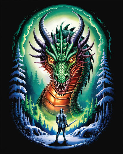 In the Dragon's Gaze shirt in black featuring a knight facing a huge dragon with glowing eyes in a winter forest.