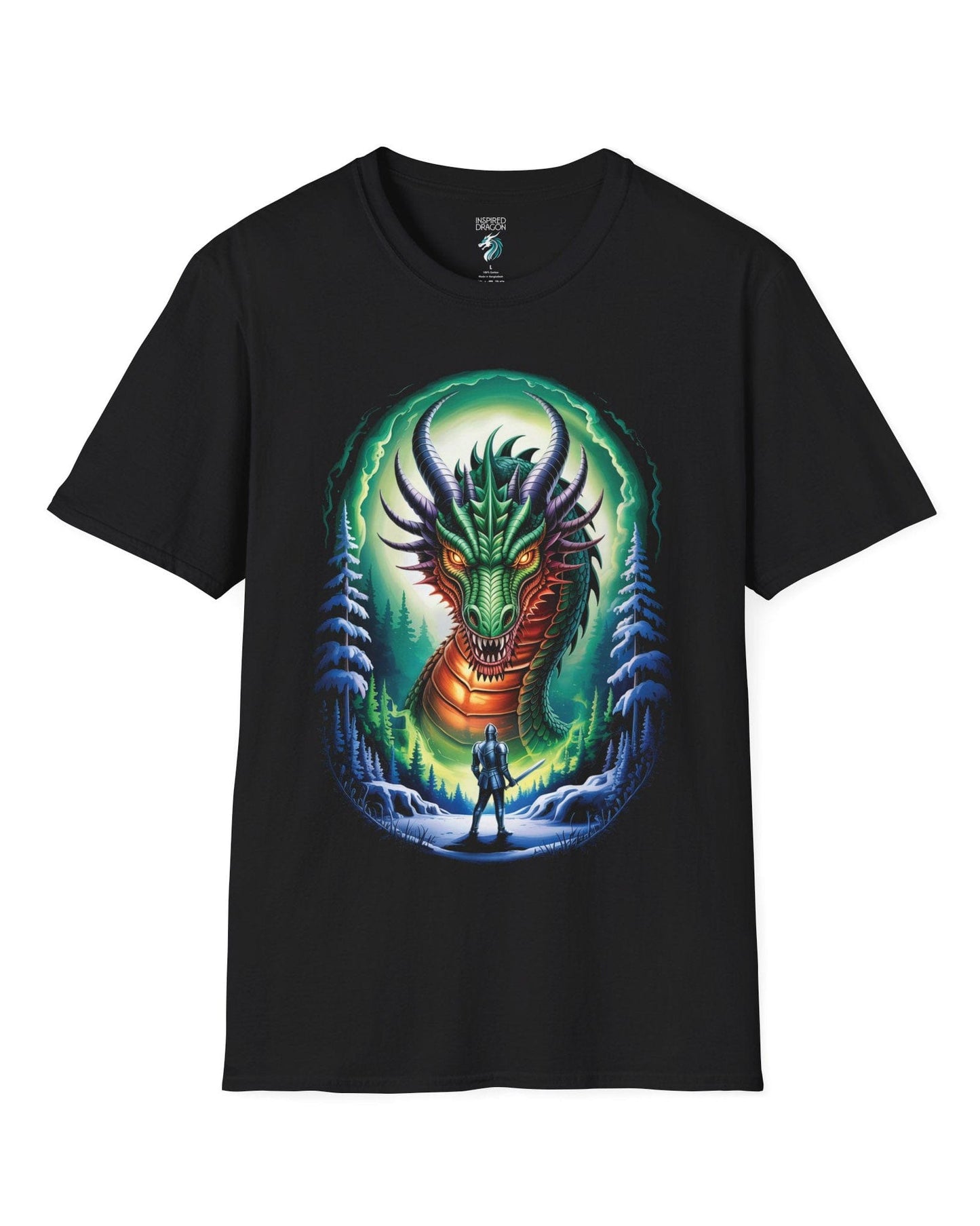 In the Dragon's Gaze shirt in black featuring a knight facing a huge dragon with glowing eyes in a winter forest.