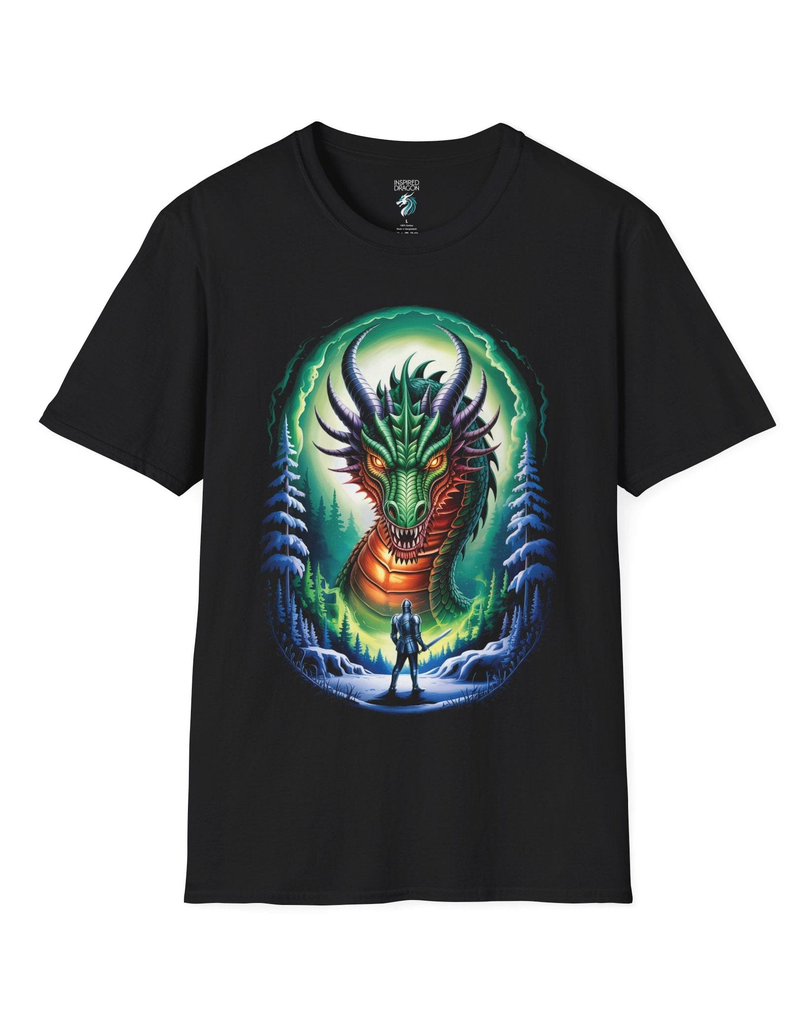 In the Dragon's Gaze shirt in black featuring a knight facing a huge dragon with glowing eyes in a winter forest.