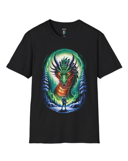 In the Dragon's Gaze shirt in black featuring a knight facing a huge dragon with glowing eyes in a winter forest.