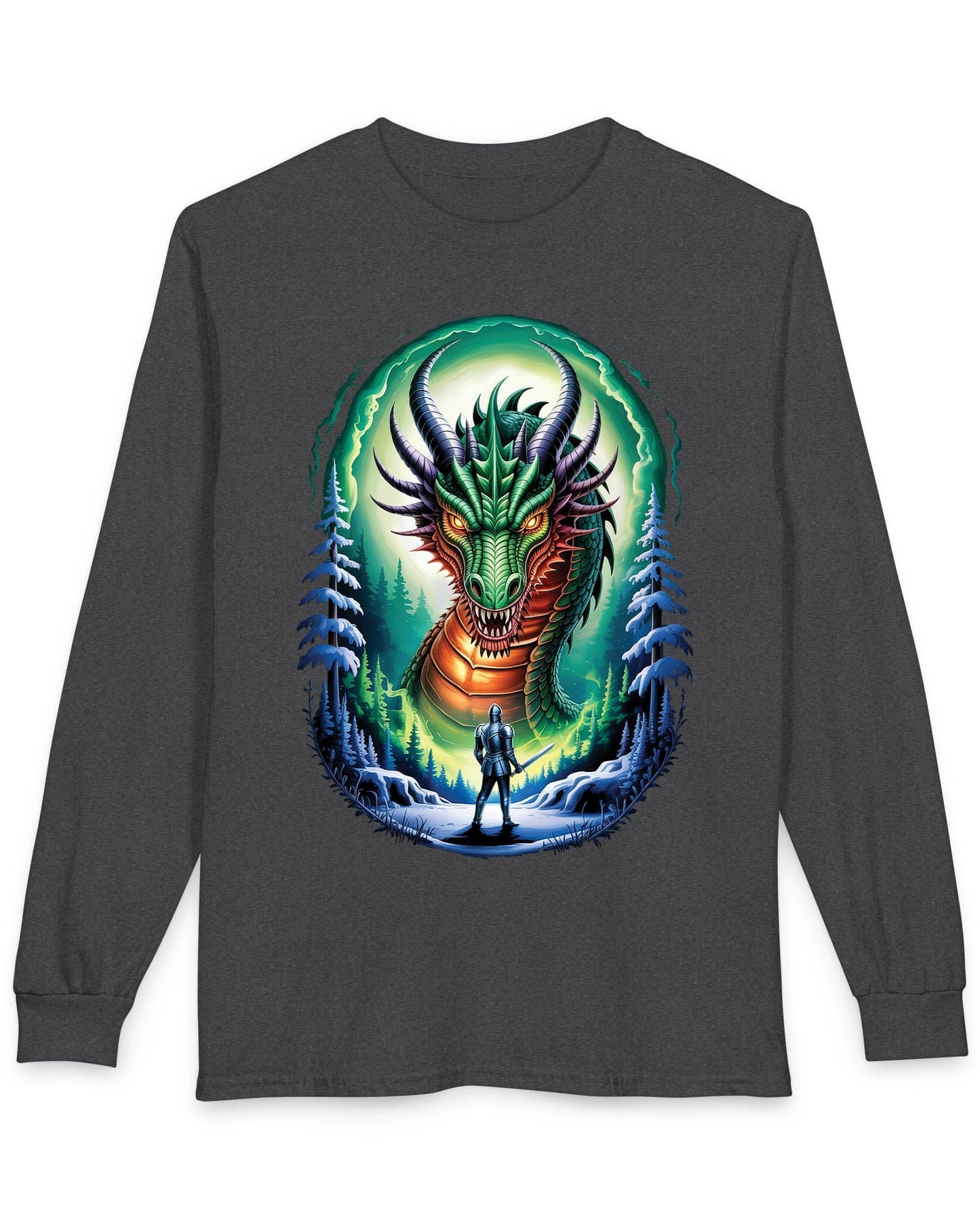 In the Dragon's Gaze shirt in dark heather featuring a knight facing a huge dragon with glowing eyes in a winter forest