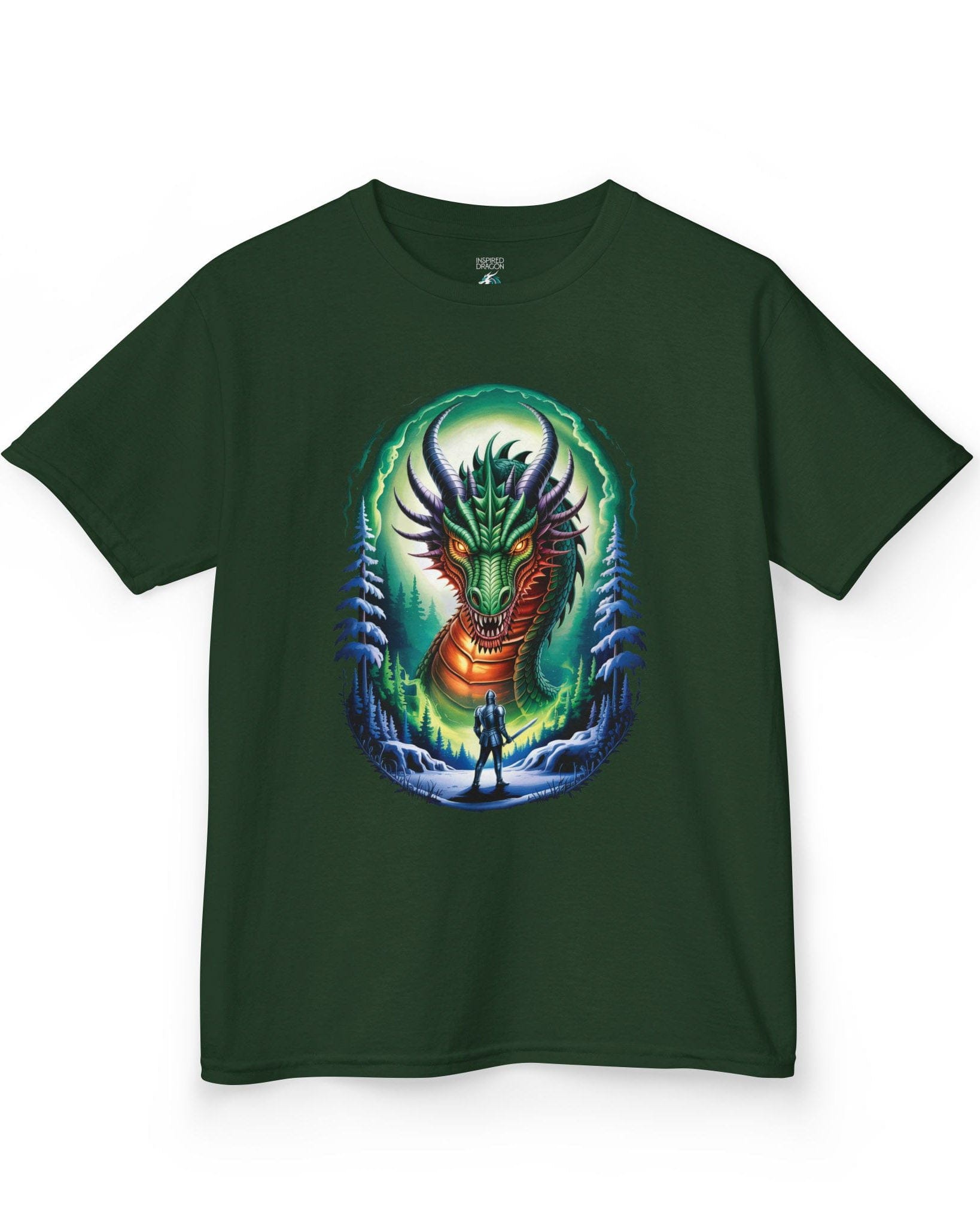 In the Dragon's Gaze shirt in forest green featuring a knight facing a huge dragon with glowing eyes in a winter forest.