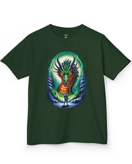 In the Dragon's Gaze shirt in forest green featuring a knight facing a huge dragon with glowing eyes in a winter forest.