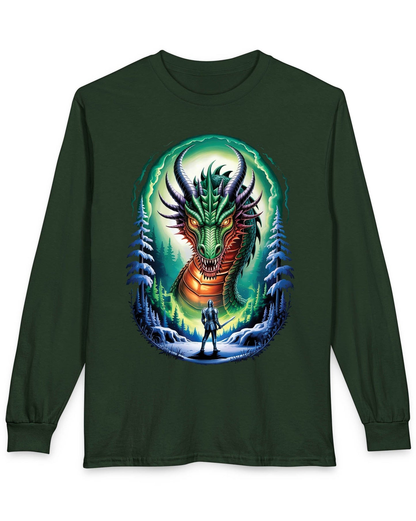 In the Dragon's Gaze shirt in forest green featuring a knight facing a huge dragon with glowing eyes in a winter forest