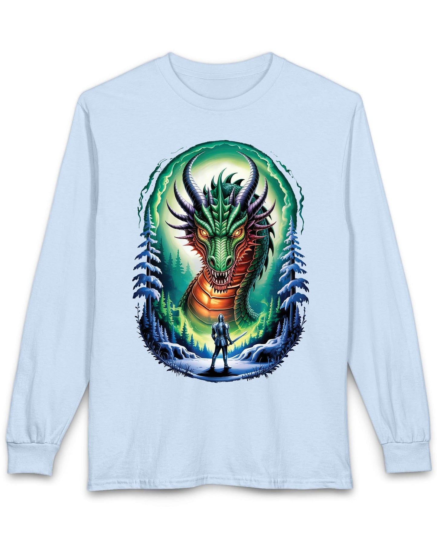 In the Dragon's Gaze shirt in light blue featuring a knight facing a huge dragon with glowing eyes in a winter forest