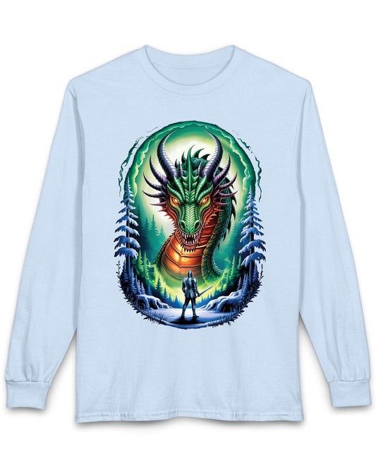 In the Dragon's Gaze shirt in light blue featuring a knight facing a huge dragon with glowing eyes in a winter forest