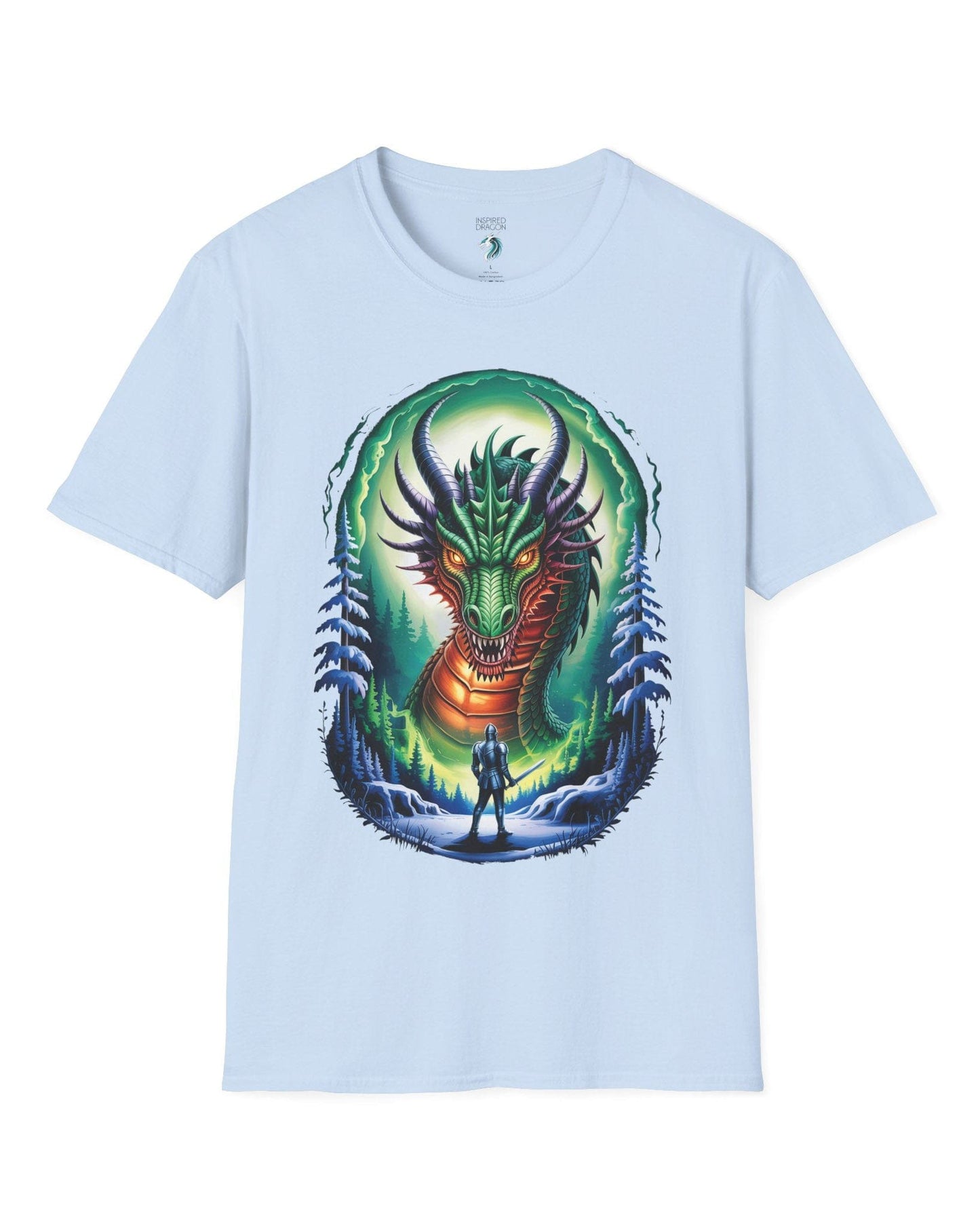 In the Dragon's Gaze shirt in light blue featuring a knight facing a huge dragon with glowing eyes in a winter forest.