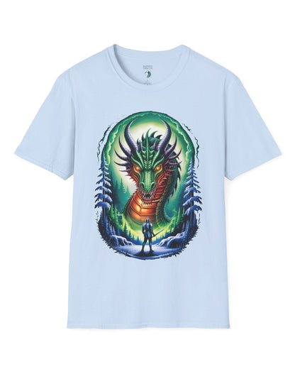 In the Dragon's Gaze shirt in light blue featuring a knight facing a huge dragon with glowing eyes in a winter forest.