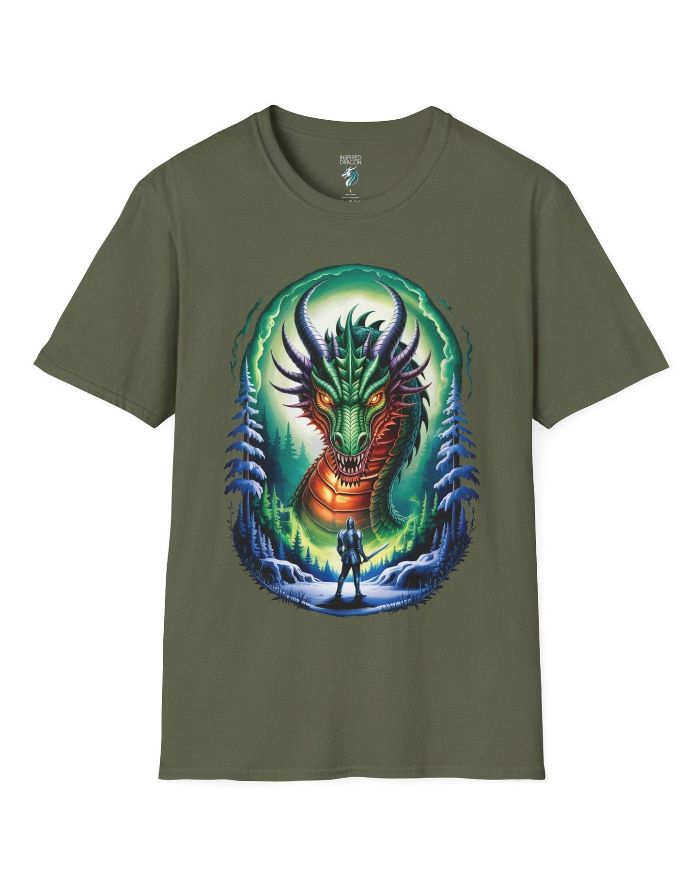 In the Dragon's Gaze shirt in military green featuring a knight facing a huge dragon with glowing eyes in a winter forest.