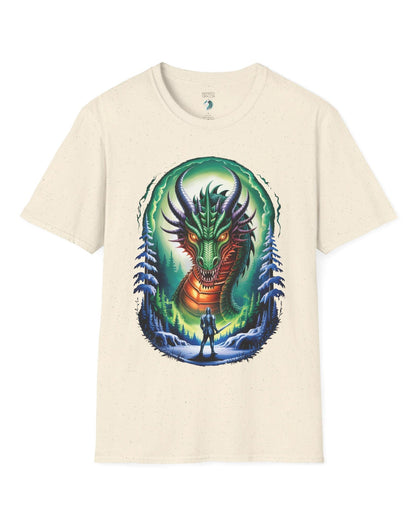 In the Dragon's Gaze shirt in natural featuring a knight facing a huge dragon with glowing eyes in a winter forest.