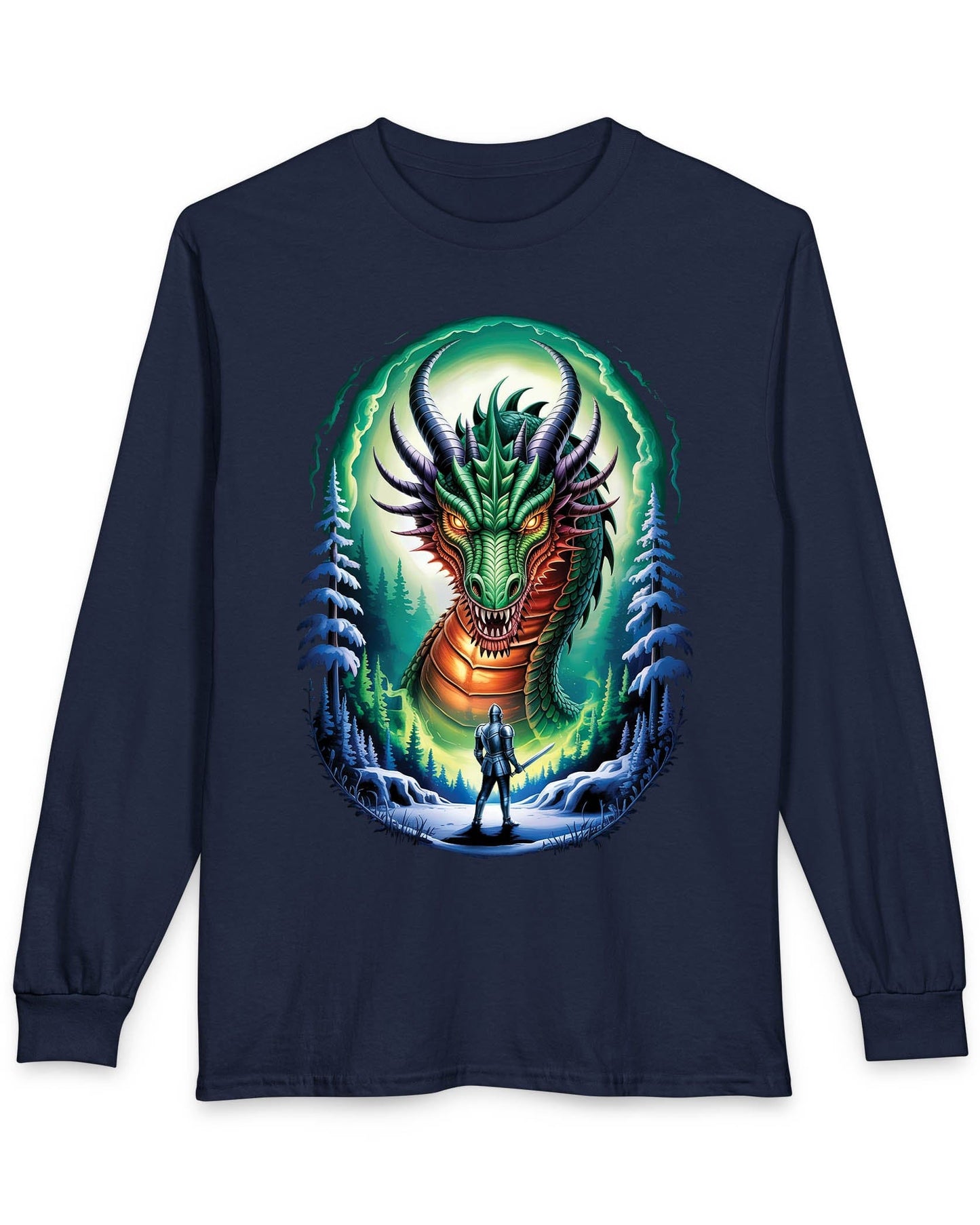 In the Dragon's Gaze shirt in navy featuring a knight facing a huge dragon with glowing eyes in a winter forest