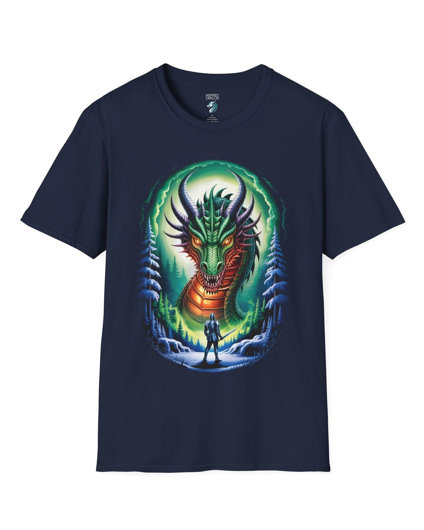 In the Dragon's Gaze shirt in navy featuring a knight facing a huge dragon with glowing eyes in a winter forest.