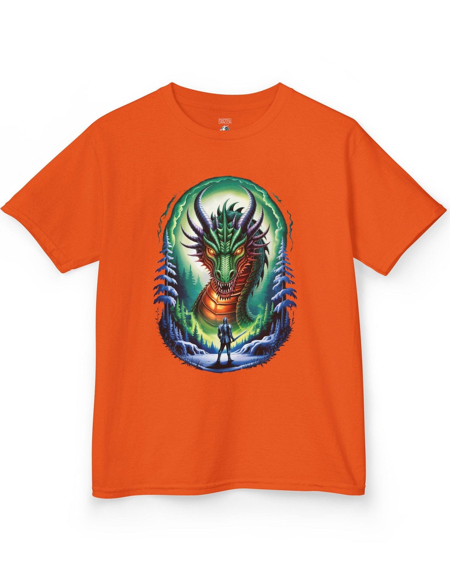 In the Dragon's Gaze shirt in orange featuring a knight facing a huge dragon with glowing eyes in a winter forest.