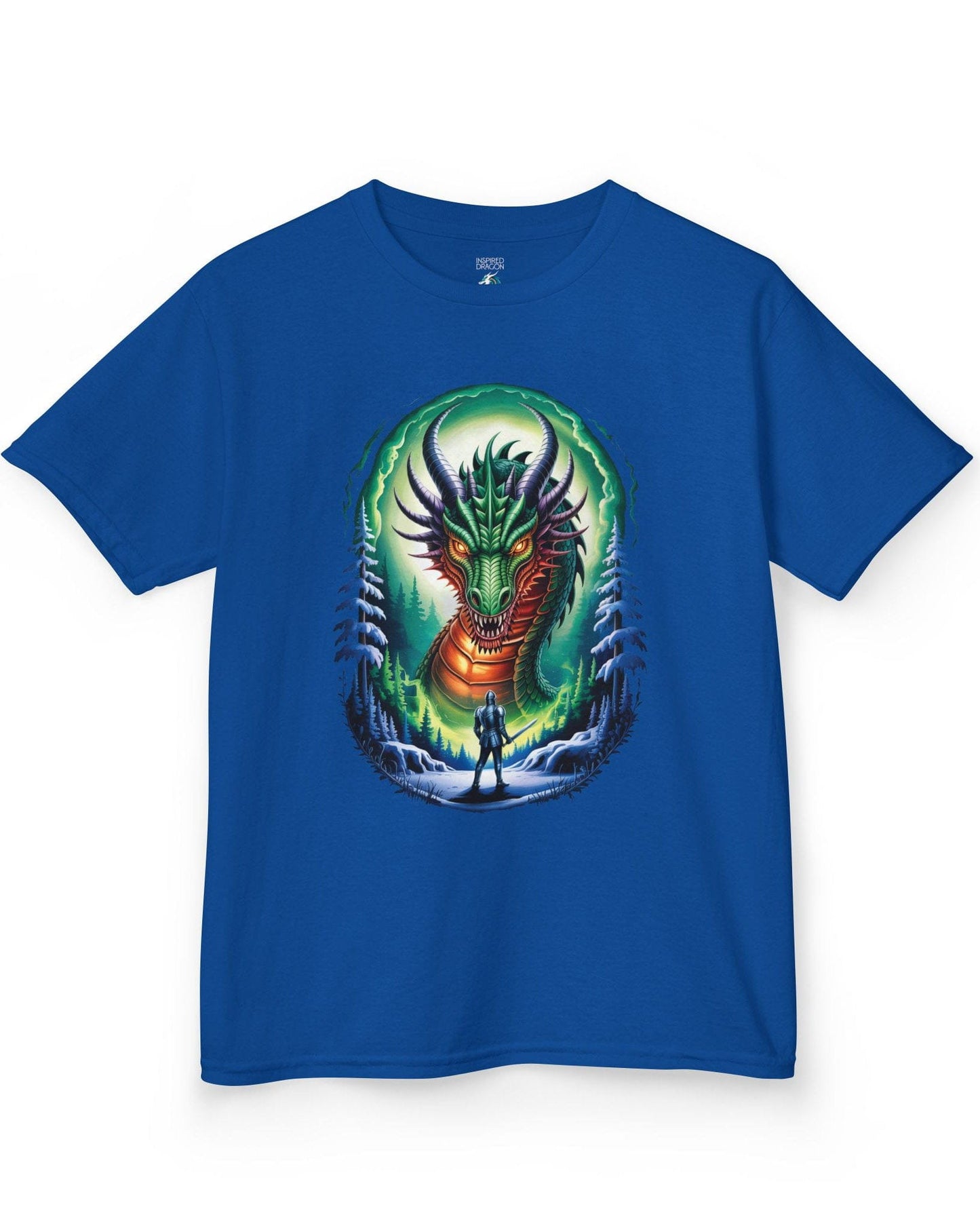 In the Dragon's Gaze shirt in royal blue featuring a knight facing a huge dragon with glowing eyes in a winter forest.