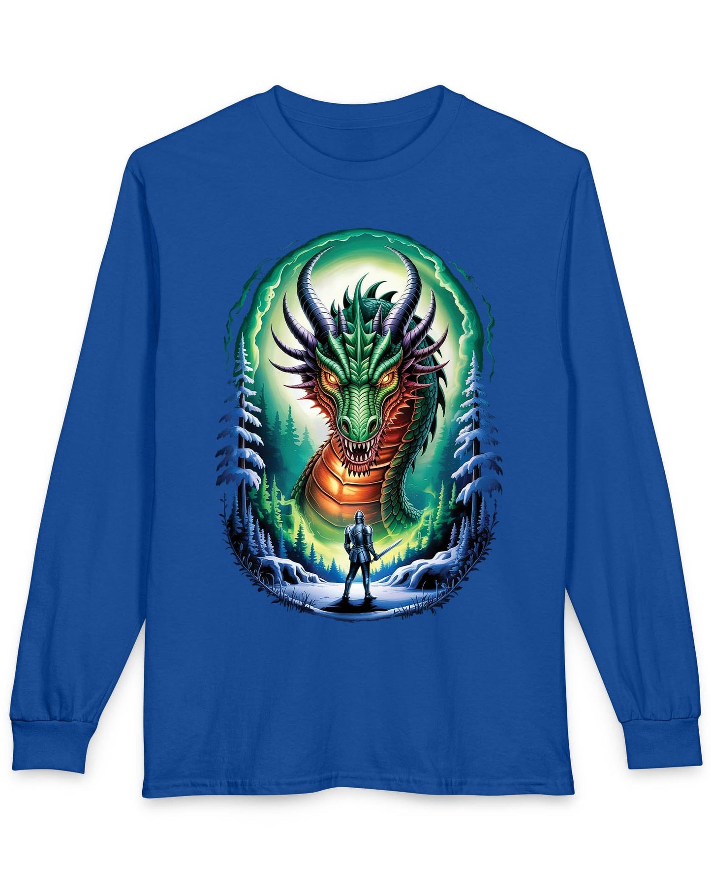 In the Dragon's Gaze shirt in royal blue featuring a knight facing a huge dragon with glowing eyes in a winter forest