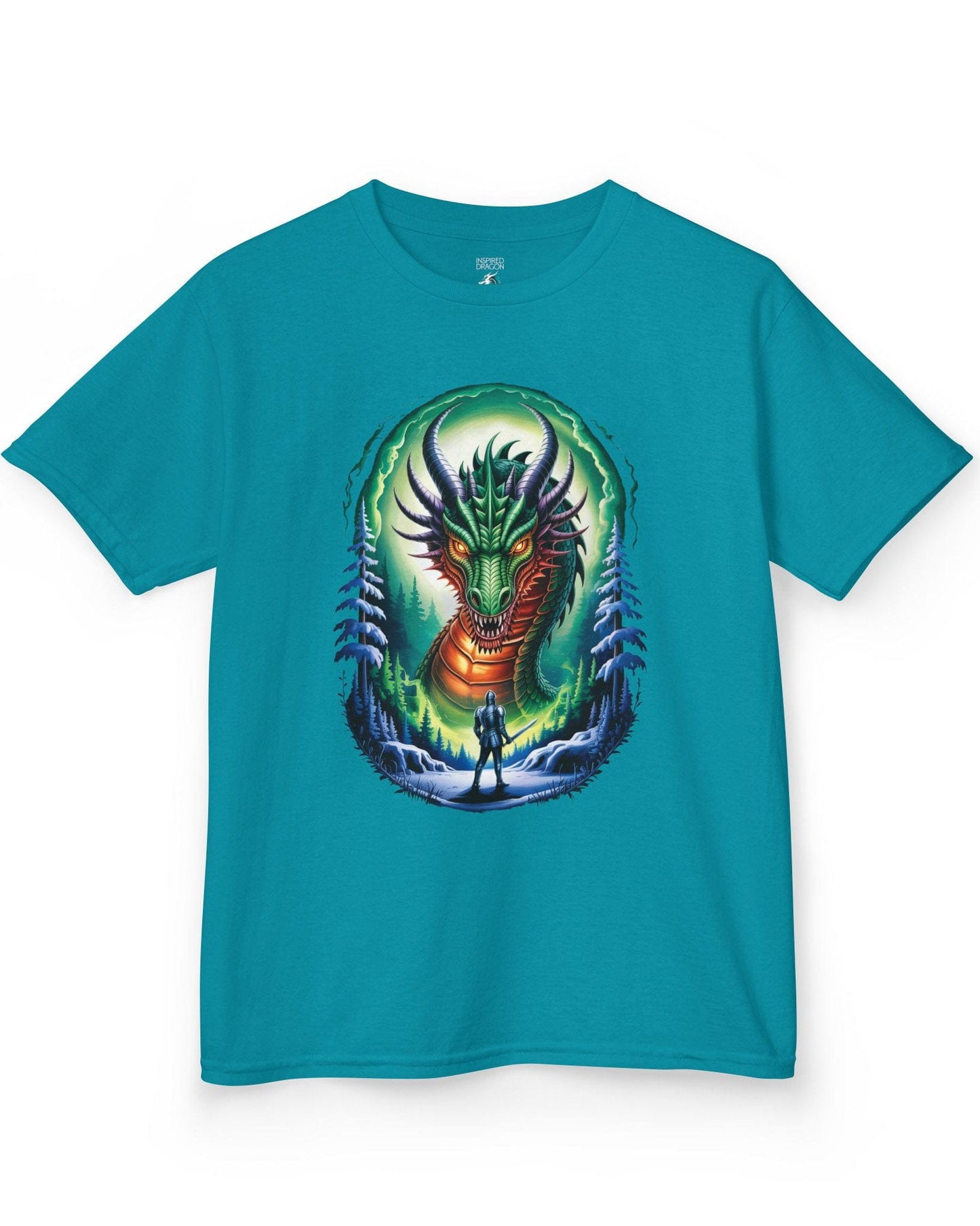 In the Dragon's Gaze shirt in tropical blue featuring a knight facing a huge dragon with glowing eyes in a winter forest.