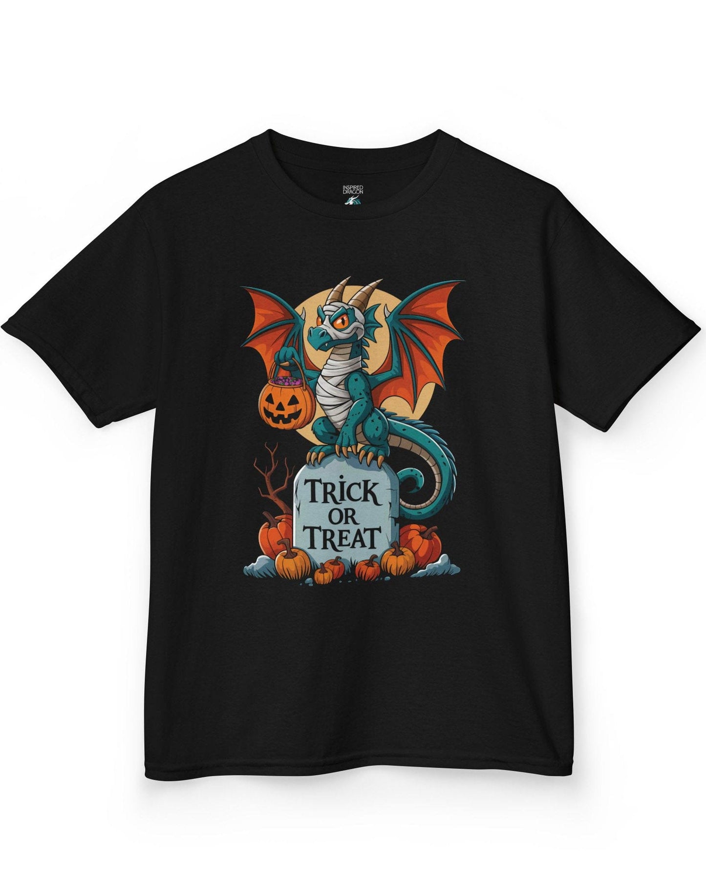 Trick or Treat shirt in black featuring a mummy dragon on a tombstone with pumpkins and a full moon.