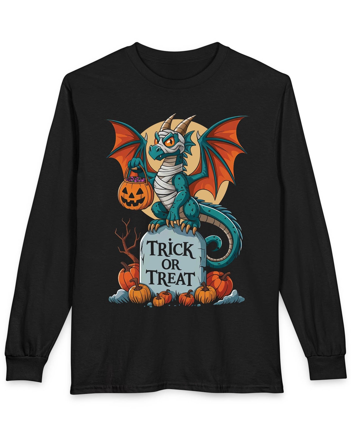 Trick or Treat shirt in black featuring a mummy dragon on a tombstone with pumpkins and a full moon