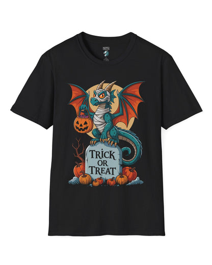 Trick or Treat shirt in black featuring a mummy dragon on a tombstone with pumpkins and a full moon.