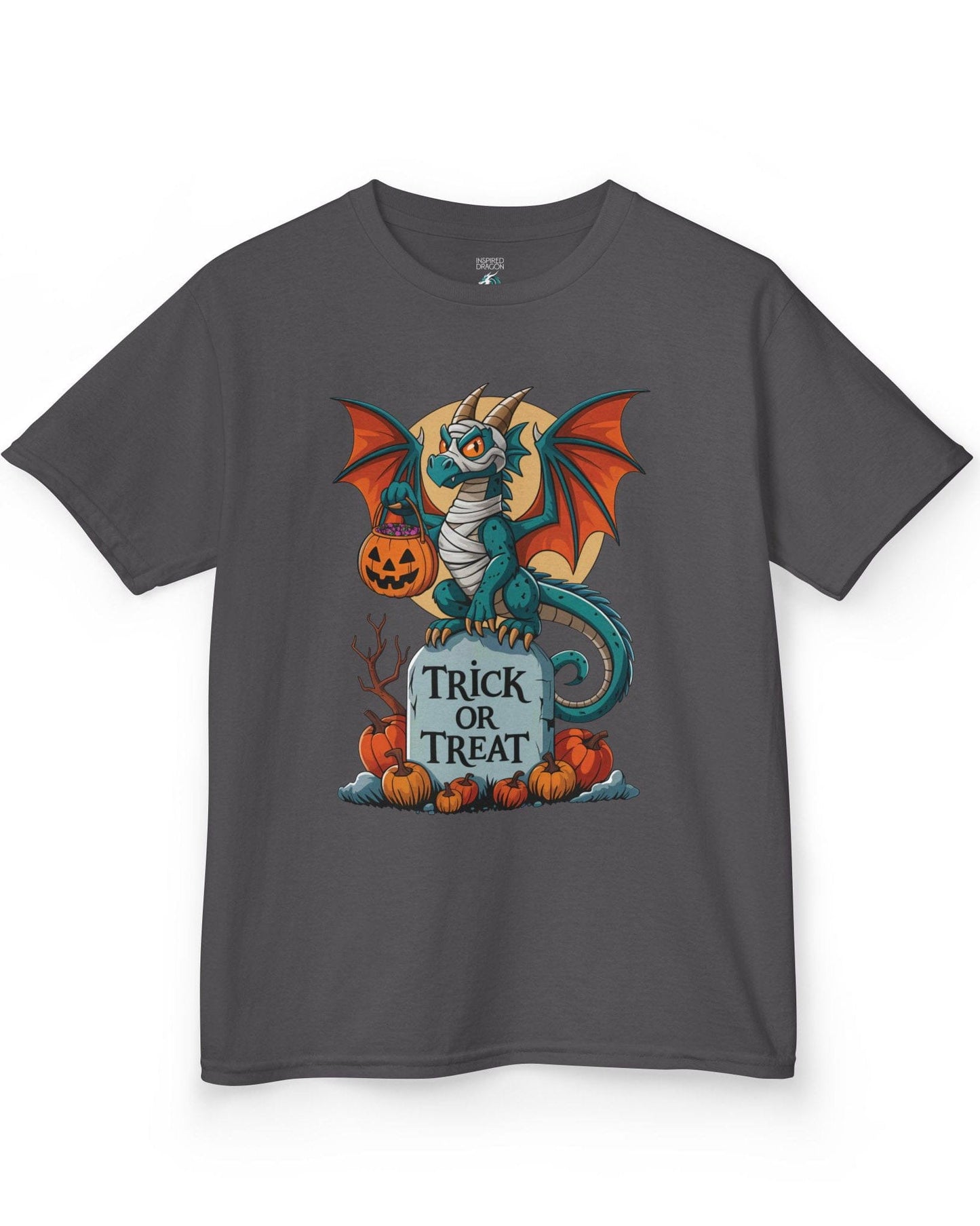 Trick or Treat shirt in charcoal featuring a mummy dragon on a tombstone with pumpkins and a full moon.