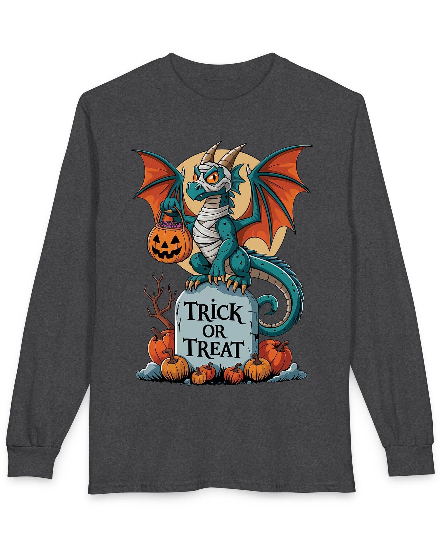 Trick or Treat shirt in dark heather featuring a mummy dragon on a tombstone with pumpkins and a full moon