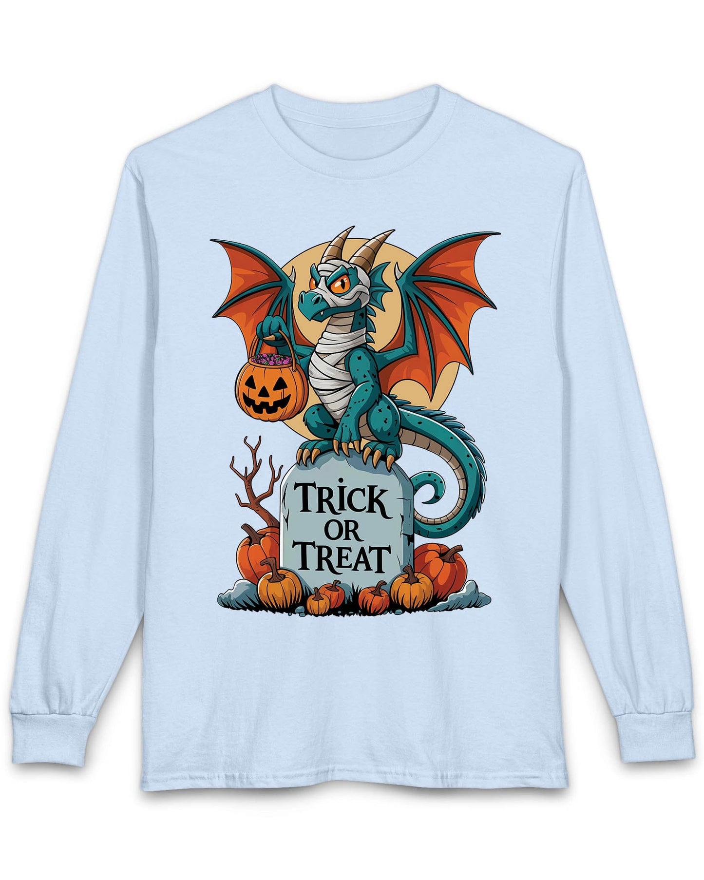 Trick or Treat shirt in light blue featuring a mummy dragon on a tombstone with pumpkins and a full moon