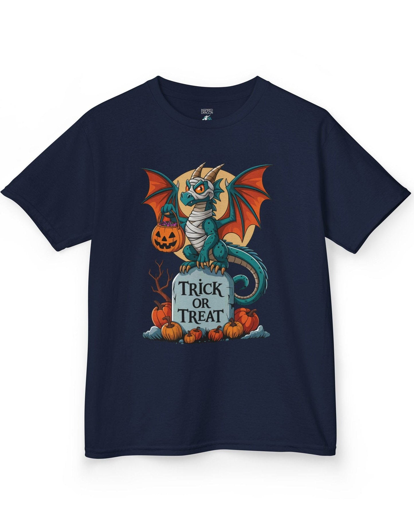 Trick or Treat shirt in navy featuring a mummy dragon on a tombstone with pumpkins and a full moon.