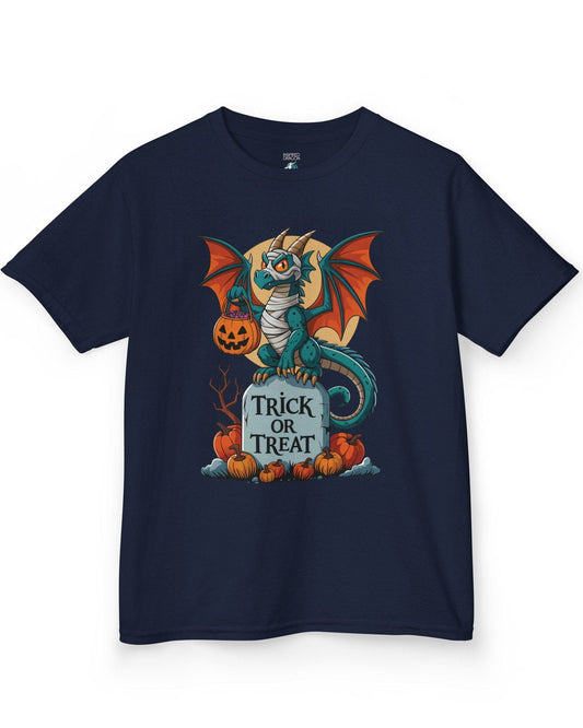 Trick or Treat shirt in navy featuring a mummy dragon on a tombstone with pumpkins and a full moon.