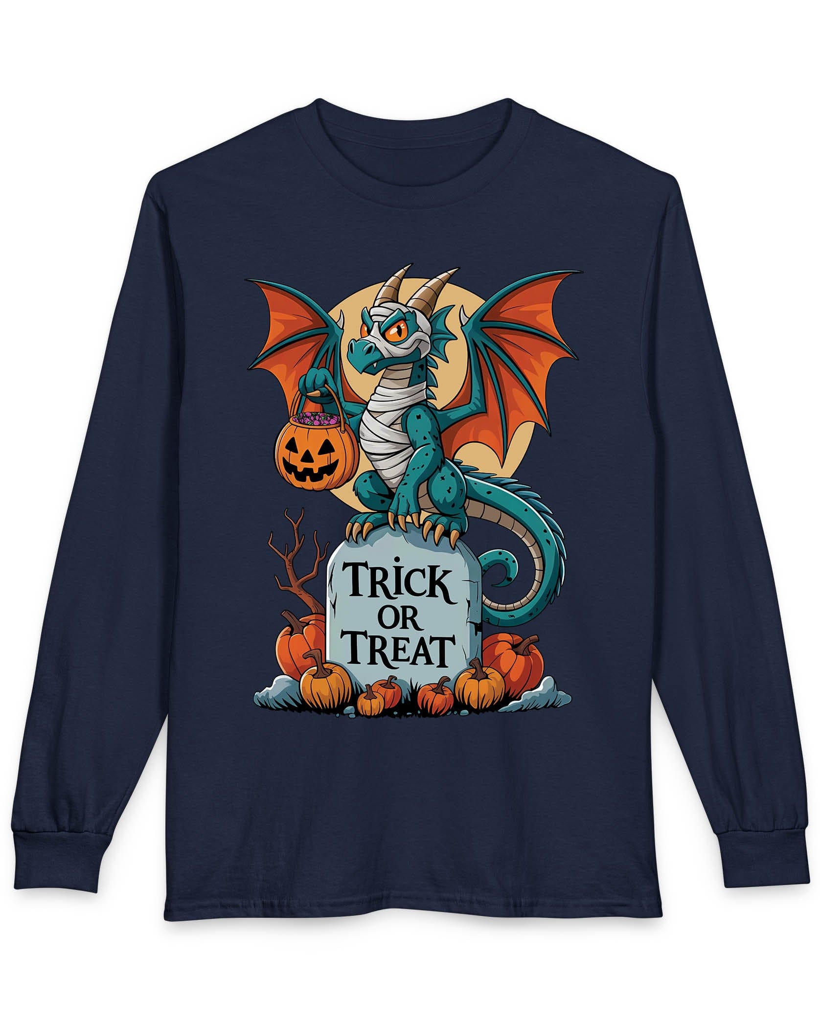 Trick or Treat shirt in navy featuring a mummy dragon on a tombstone with pumpkins and a full moon