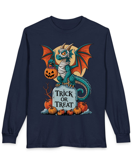 Trick or Treat shirt in navy featuring a mummy dragon on a tombstone with pumpkins and a full moon