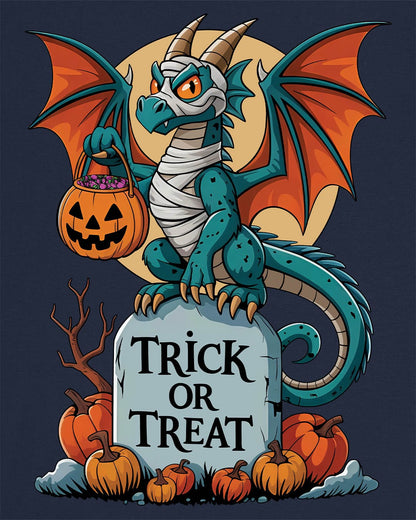 Trick or Treat shirt in navy featuring a mummy dragon on a tombstone with pumpkins and a full moon.