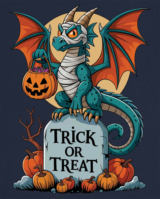 Trick or Treat shirt in navy featuring a mummy dragon on a tombstone with pumpkins and a full moon.