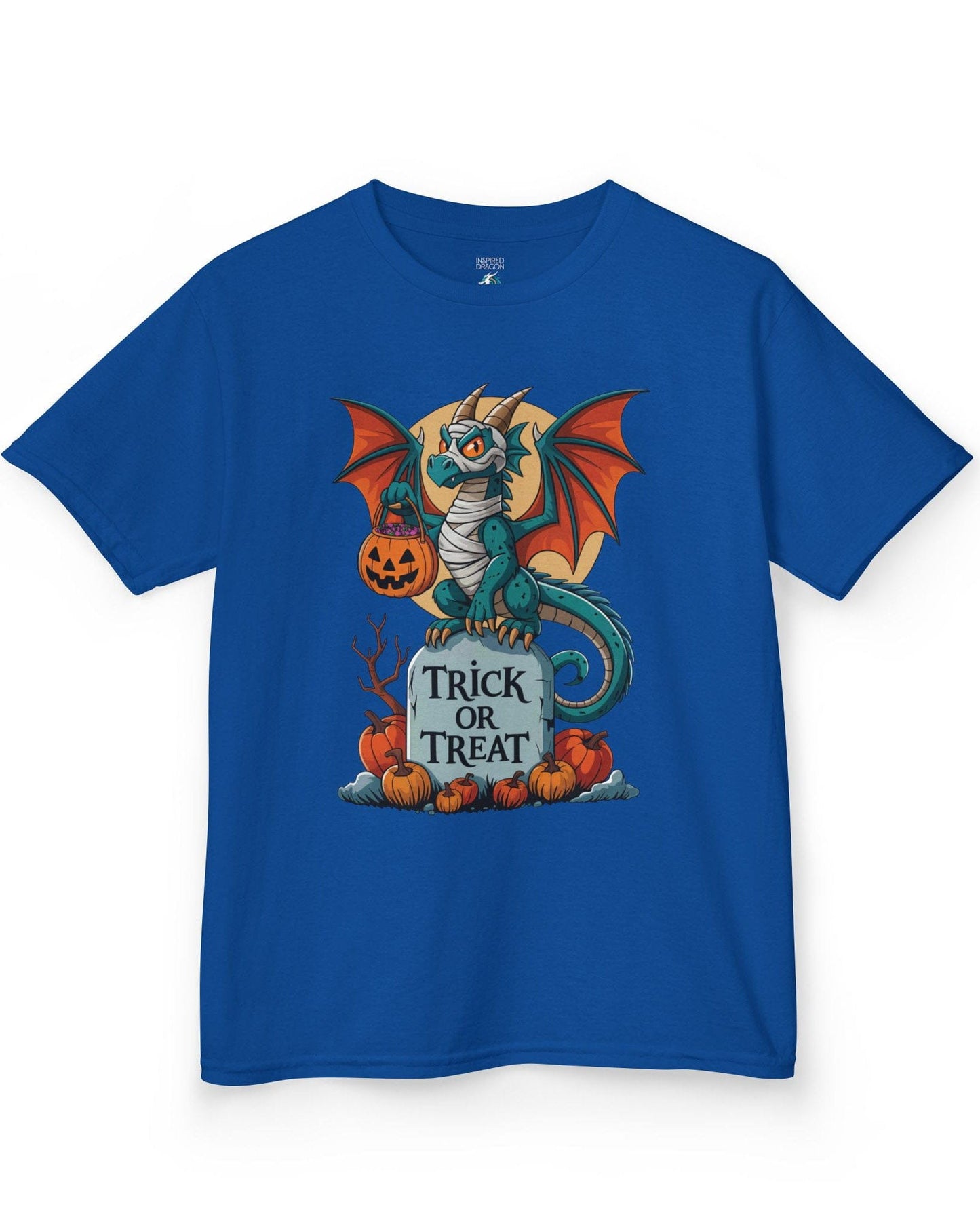 Trick or Treat shirt in royal blue featuring a mummy dragon on a tombstone with pumpkins and a full moon.