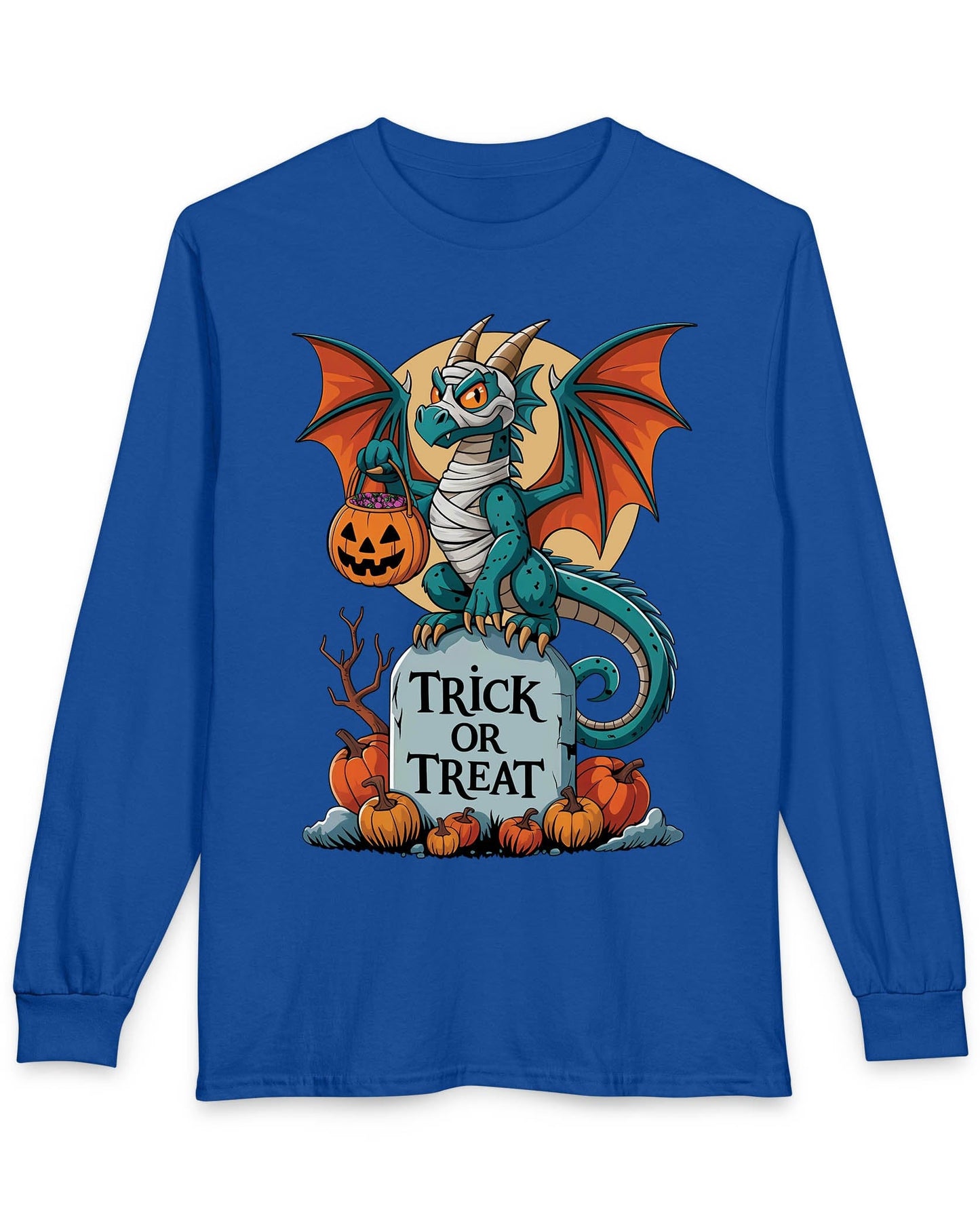 Trick or Treat shirt in royal blue featuring a mummy dragon on a tombstone with pumpkins and a full moon